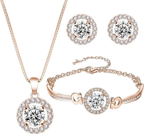 BAOKELAN Jewellery Set for Women Cubic Zirconia Pendant Jewelry Set Necklace Bracelet and Earrings Set Rose Gold