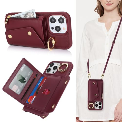 Lipvina Hülle für iPhone 14 Pro Max - Crossbody Case mit Kartenhalter, Reißverschlusstasche und Ständer - Rot