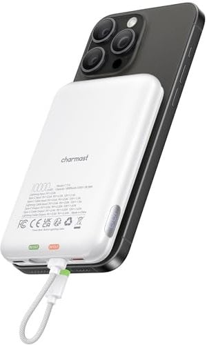 Charmast Power Bank, 20W Fast Charging Battery Pack with Built in USB C to iPhone Cable, 10000mAh Digital Display Non-Wireless Magnetic Portable Charger Compatible with iPhone Samsung and More (White)