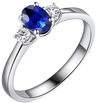Fingerring Breit, Trauringe Weißgold Damen 18 Karat Lab Saphir 0.55CT Blau Ovalschliff VVS mit 2 Diamant Natur 0.13CT Weiß Größe 53 (16.9) Npassbar