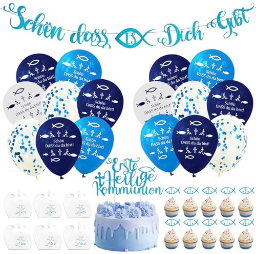 Girlande Alles Gute zur Konfirmation mit Fisch Kommunion Deko Junge Blau Kommunion Luftballons Schön DASS Du da Bist taufe deko Geschenkbox Erstkommunion Junge Fisch Tortendeko