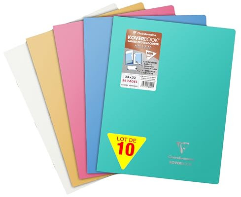 Clairefontaine 981441C Lot de 10 Cahiers Agrafés Koverbook Silver - 24x32 cm - 96 Pages Grands Carreaux - Papier Blanc 90 g - Couverture Polypro Opaque - Couleur Aléatoire