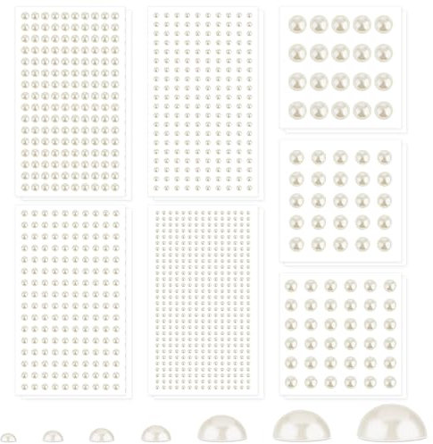 7 Sizes Hair Pearls Stick On Adhesive 2032 Pieces White Flat Back Embellishment Stickers for Face, Makeup, Eye Crafts - 3/4/5/6/8/10/12mm