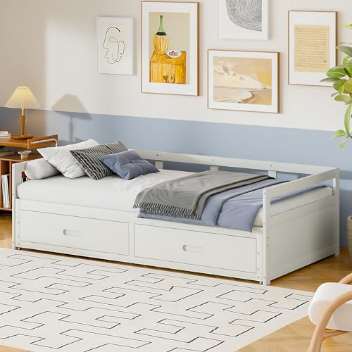 Sofá cama extensible 90/180 x 190 cm, con cajones y somier, cama de pino con espacio de almacenamiento, cuna multifuncional (blanco)