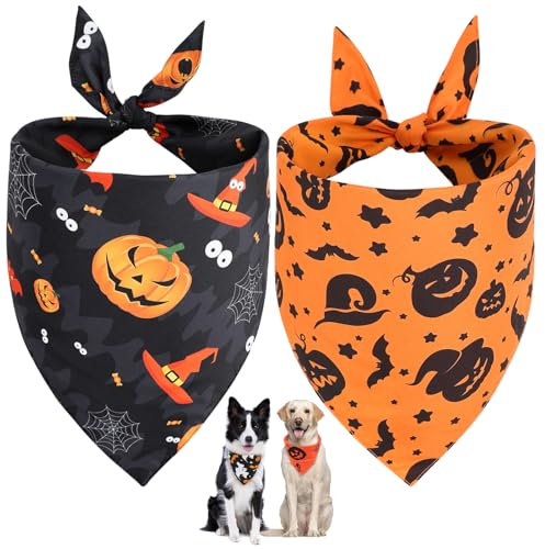 Vivifying Halloween Halstuch Hund, 2Pcs Einstellbare Dreieck Hundehalstuch mit Hexe Kürbis-Muster, Hundekostüm Halloween für kleine mittlere große Hunde