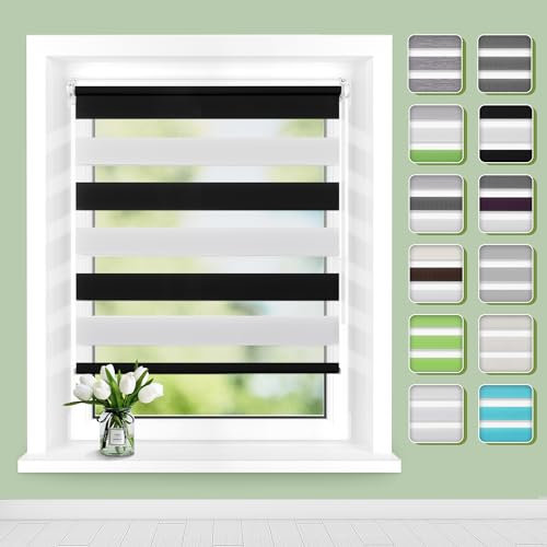 Doppelrollo Klemmfix ohne Bohren, Fensterrollo Innen Klemmrollos für Fenster und Tür B100 x H140cm(Stoffbreite 96cm) Schwarz-Weiß, Buseu Duo Rollo ohne Bohren Easyfix Lichtdurchlässig und Verdunkelnd