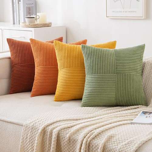 MIULEE 4er Set Kordsamt Kissenbezug Patchwork Kissenhülle Weich Dekokissen Modern Unsichtbarer Reißverschluss Sofakissen Zierkissen für Sofa Wohnzimmer Schlafzimmer Orange Grün Serie 40x40 cm