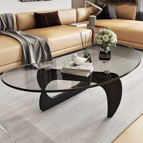 Table Basse Triangulaire en Verre, Table Basse Vintage pour Salon, Meuble Moderne avec Plateau en Bois Massif, Pieds Transparents et Noirs