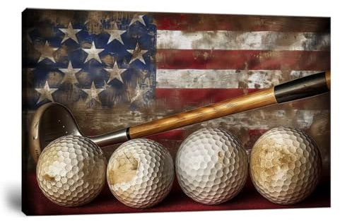 Golf Canvas Wall Art Vintage Golf Ball with American Flag Painting Artwork Leisure Sports Poster Golf Pictures for Living Room Office Club Home Decorations Framed Ready to Hang (12 x 16 inch)