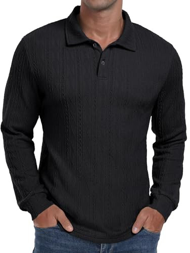 Sailwind Polo Shirts for Men Long Sleeve Tops Texture Knitted Polo Golf Work T Shirt with Buttons (Black, XL)
