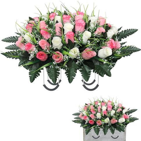 Lodou Cemetery Flowers for Grave,Headstone Flower Saddle,Flowers for Cemetery Grave Decoration Headstone Flower Saddle for Headstone Decoration (Pink White)