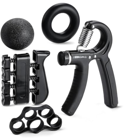 Amazon Basics Handtrainer Griffkrafttrainer 5-Teiliges Set, Einstellbarer Widerstand, mit Fingertrainer und Stressball, Schwarz, für Unterarmtraining und Kraftaufbau