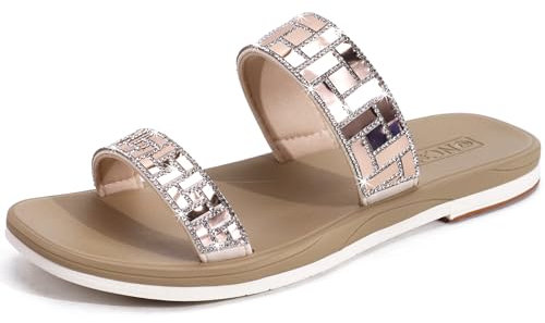 ONCAI Womens Rhinestones Flat Sandals Beige Trendy Square Open Toe Sparkly Summer Dressy Slides Sandals with Non-slip Rubber Soles size 6