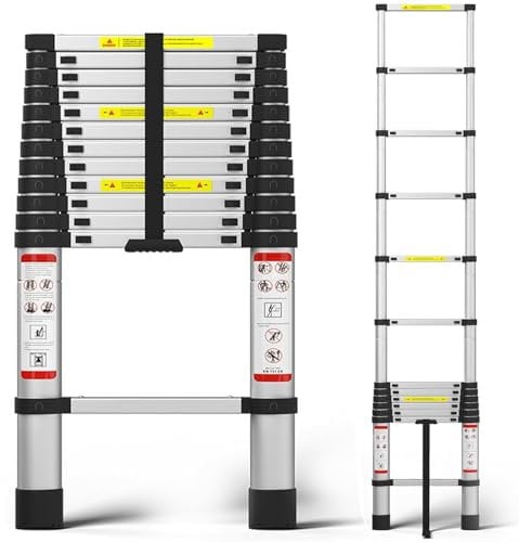Teleskopleiter, 3,8 m, Aluminium, leicht, ausziehbar, mit Verriegelungsmechanismus und rutschfesten Füßen, Mehrzweck-Klappleiter, 150 kg Kapazität