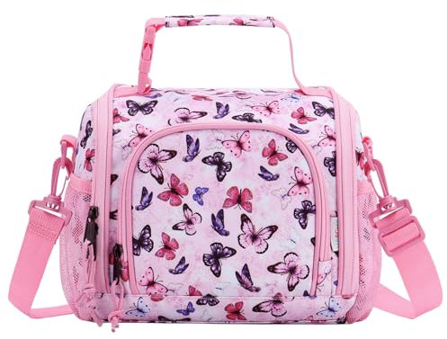 VASCHY Bolsa Termica Infantil, Bolsa Almuerzo Grande para Niño Niña Bolsa Porta Alimentos con Correa de Hombro Desmontable Bolsa Merienda Nevera Infantil para Picnic Colegio Viaje, Rosa Mariposa