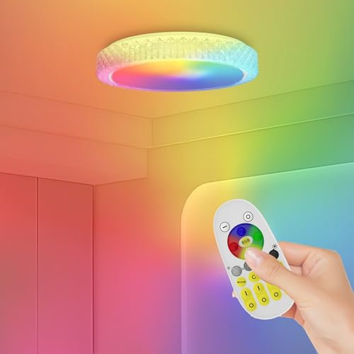FIVMEN LED Deckenleuchte Rund Kristall 60W Deckenlampe Lampe Badlampe Flurlampe Decke Dimmbar RGB IP44 Wasserfest Deckenbeleuchtung mit Fernbedienung