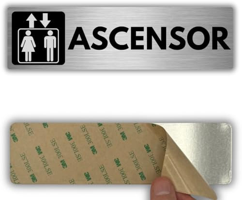 LEIASA | Señal Adhesiva Ascensor - 5x18 cm - Grosor 0.8 mm - Aluminio - Signo Ascensor - Cartel Adhesivo 3M - Indicador para Elevadores - Ascensor