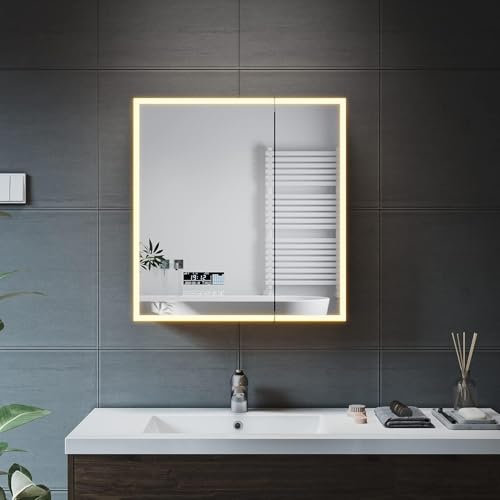 ELEGANT LED Illuminated Bathroom Mirror Cabinet with Bluetooth Speaker Modern 2 Door Wall Mounted Bathroom Cabinet Stainless Steel Storage Cupboard with Shaver Socket 600 x 630mm
