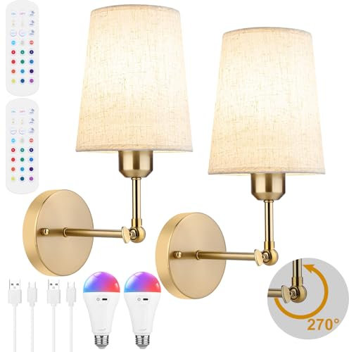 5200mAh Battery Operated Wall Lights Rechargeable,270°Rotation Wireless Wall Sconces Set of 2 with RGB Dimmable Bulbs and Remote,Gold Battery Powered Wall Lamp Indoor for Living Room,Bedroom,Bathroom