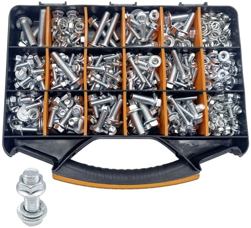Metrisches Flanschschrauben-Sortiment, M6 x 1,0, M8 x 1,25, M10 x 1,5, M12 x 1,75 (16 mm bis 50 mm), Schrauben und Muttern, Set, weißes Zink, 16 Größen, 820 Stück