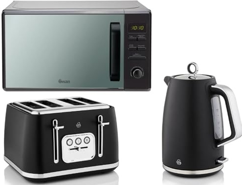 Swan Serenity Black 1.7L 3KW Kettle, 4 Slice Toaster and 800W 20L Digital Microwave SM4421BLK. Contemporary Matching Kettle, Toaster and Microwave Set with a Sleek Black Finish