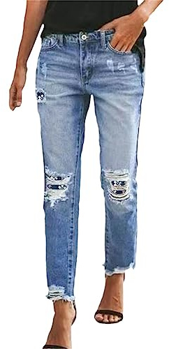 Generisch Capri Jeans Damen Sommer 3/4 Jeanshose Kurze Caprihose High Waist Sommerjeans Skinny Fit Hohe Taille Denim Hose Sommerhose Leicht Ripped Jeanshosen