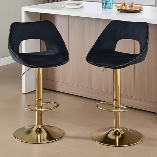 Ya-Home Barhocker 2er Set, Barstühle höhenverstellbar, Küchenhocker 360° drehbar, Tresenhocker mit Rückenlehne, goldene Fußstütze, Samt, Schwarz