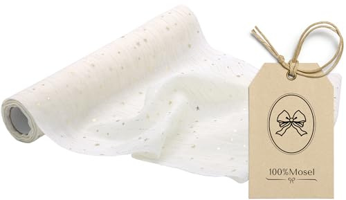 100%Mosel Musselin Tischläufer Sternendruck, Warm Ivory (28 cm x 5 m) | Folienprint in Hellgold auf zartem Dekostoff in Elfenbein – edle Tischdeko für Weihnachten und Hochzeiten