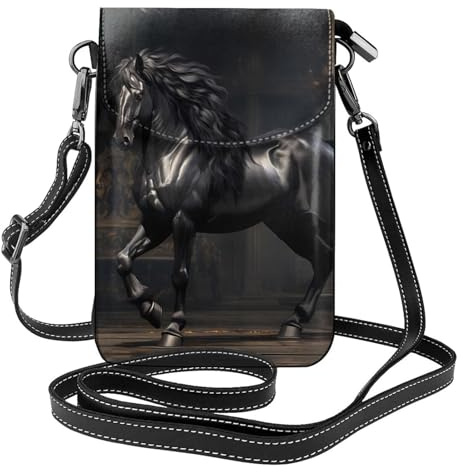 XBKGOHA Kleine Handy-Geldbörse, 19,3 x 12,4 cm, schwarz, hübsches Pferde-Druck, Leder, Crossbody-Klappe, Handytasche für Damen, perfekt für Spaziergänge, Camping