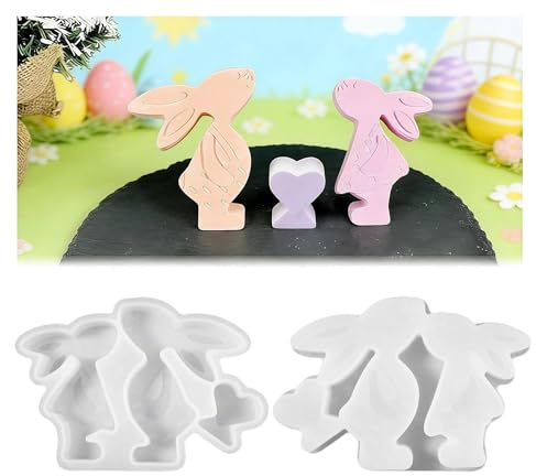 DINGFENG Stampi in Silicone per Pasqua Set 3 Pezzi - Stampo Coniglietti Pasquali e Cuori per Candele, Sapone, Gesso - Fai da Te Decorazioni Pasquali, Regali, Attività Creative