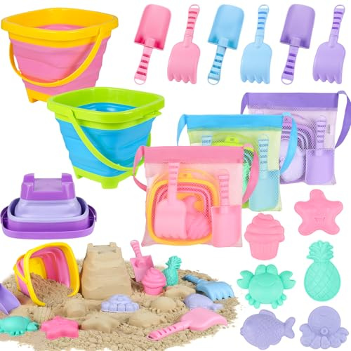 TSDATOWR Collapsible Beach Toys, 3 Sand Buckets Set for 3 Kids