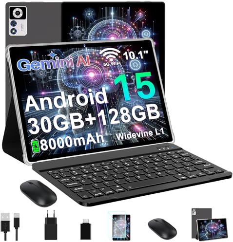 ZIOVO Tablet 10 Zoll Android 15 mit 30GB RAM+128GB ROM(TF 2TB), Gemini AI, 5G WLAN, Octa-Core 2.0GHz, Widevine L1, 8000mAh, BT 5.0, GPS, Face ID, Tablet mit Tastatur, Maus - Schwarz