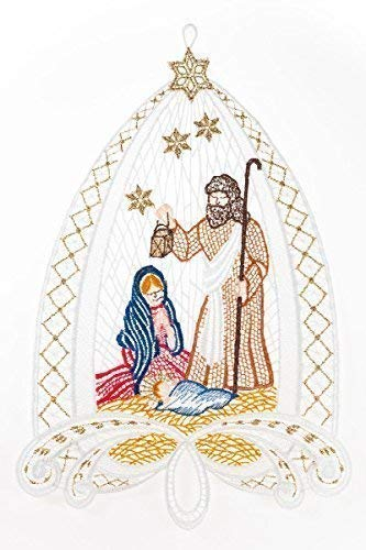 Fensterbild Christi Geburt farbig 20 x 28 cm aus Plauener Spitze Fensterdeko Fensterschmuck Bilder Handarbeit Deko Fenster
