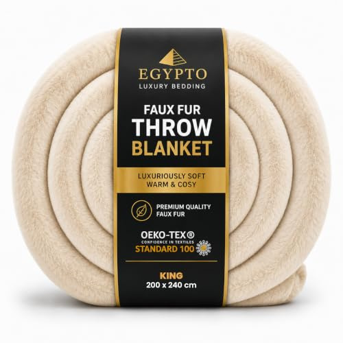 EGYPTO Fleece Blanket Faux Fur Cream Throw for Bed & Sofa – Luxury Extra Soft Fur Brush Fabric – Warm & Cosy Blanket – Versatile Outdoor Blankets Faux Fur Bed Throw King Size (200cm x 240cm, Cream)