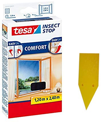 tesa Insect Stop Comfort Fliegengitter für Fenster/Insektenschutz mit Selbstklebendem Klettband/Anthrazit + 1 Gelbsticker gratis (1x 120 cm x 240 cm)