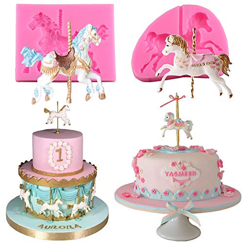 2Pcs/Set Carousel Horse Silicone Cake Fondant Molds Merry-Go-Round Sugar Craft Cupcake Gum Paste Decorating Mold for Carousel Cake Topper Birthday or Baby Shower Decorations Supplies