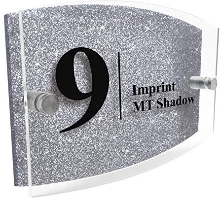 Modern House Sign Plaque Door Number | Personalised Glass Effect Acrylic Glitter Sign | Personalised House Number Hand Finished in UK (Silver, Design E)
