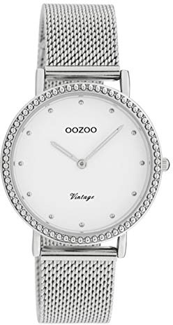 Oozoo Vintage Damenuhr mit Edelstahl Milanaiseband 34 MM Weiß/Silberfarben C20050