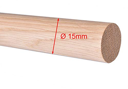 Barre ronde en chêne - Ronde - 1000 mm de long - Diamètre 15 mm - Brut - Poncé - Qualité supérieure