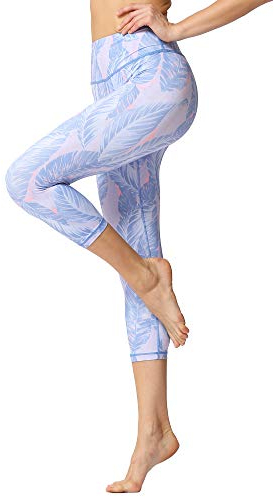 FLYILY Sporthose Damen Capri Yogahosen für Damen Elastische Tummy Control Yogahose Training Tights Yoga Hosen 3/4 Sporthose Laufhose(PinkLeaf,M)