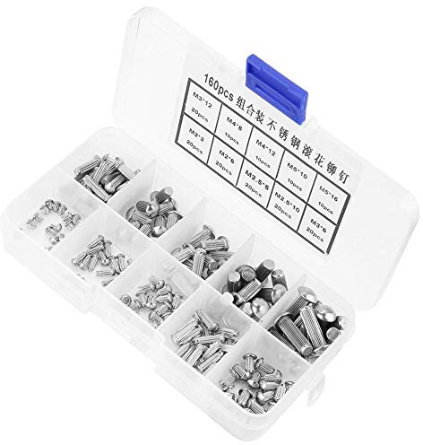 Remache, 160 piezas M2-M5 Acero inoxidable Cabeza redonda Vástago moleteado Remaches sólidos Surtido Tornillo de fijación Vástago moleteado Remache