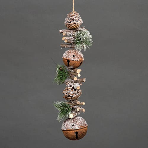 50cm Garland with Rustic Jingle Bells Wooden Sticks, Berries and Pinecones Christmas Home Wall Door Hanger Sleigh Bells Xmas Holiday Hanging Decorations
