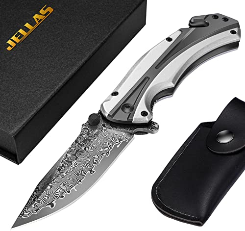 Jellas Couteau de Poche Damas avec Manche de Bois, Couteau Pliant avec étui en cuir et boîte cadeau,camping, la chasse, la pêche et la randonnée, Cadeau pour Homme, Père, Mari, Amis(Argen