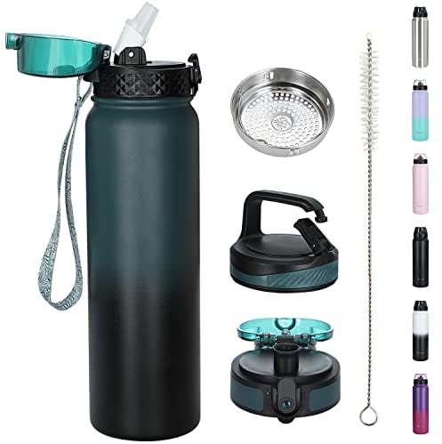 OLDLEY Stainless Steel Water Bottle with Straw 1L Vaccum Insulated Large Drink Flask Metal Water Bottles 1 Litre Leakproof Keep Drinks Hot Cold for Sports Gym with Different Lids(Green Black, 3 Lids)