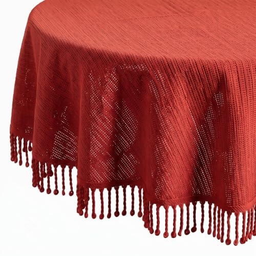 Tischdecke Outdoor Wetterfest - Gartentischdecke Oval 140x180 cm Rot | Rutschfest & UV-Beständig in 7 Farben mit Fransen - Weichschaum PVC Tischdecke Abwaschbar & Waschbar bei 30°C
