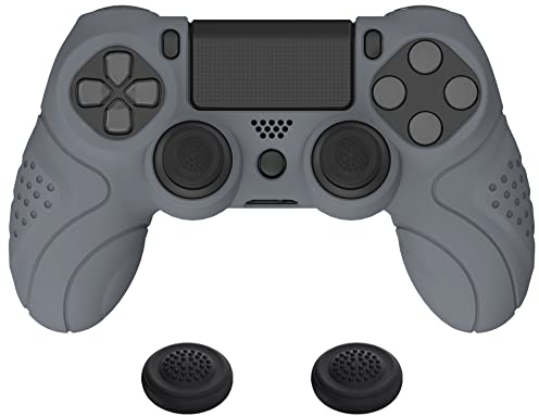 PlayVital Hülle für ps4 Controller,Anti-Rutsche Schutzhülle Case Zubehör Hülle ergonomische Silikonhülle,2 Stück Joystick Caps für ps4 Slim Pro Controller(Guardian Edition,Grau)