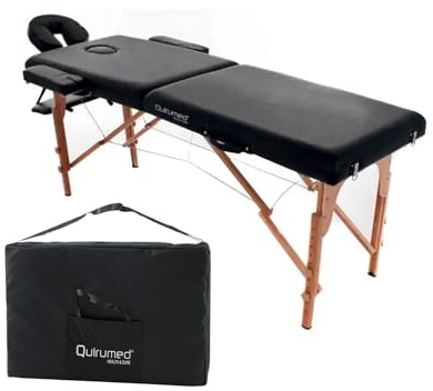 QUIRUMED Camilla Plegable Masaje de Madera Easy, Color Negro, 194 x 70 cm, Mesa de Masaje, Masaje Fisioterapia, Polipiel, Cabezal articulado, Altura Regulable, 2 cuerpos, hasta 150 kg