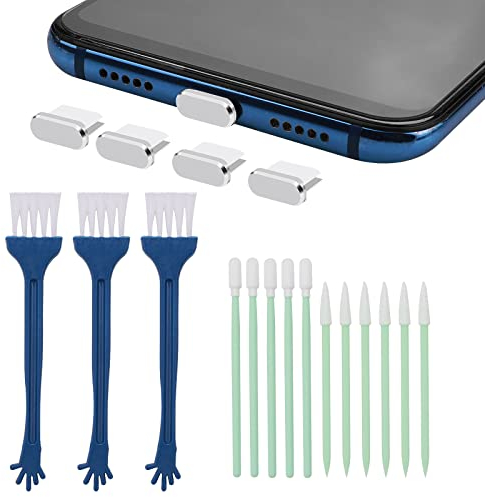 Cobee Typ C Handy Reinigungsset, 17 teiliges USB C Metall Anti Staub Stecker Telefon Port Reinigungsbürsten Set Telefon Lautsprecher Reinigungsbürsten Telefonhörer Reinigungsbürste (Silber)