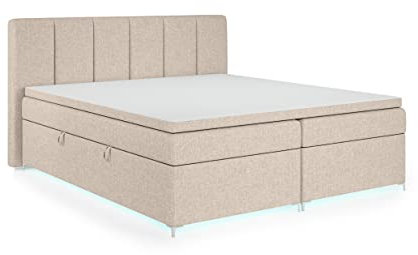 FEDVE Boxspringbett 140x200 Beige – Kioto – Schlafzimmer Bett LED mit Matratze – Praktisches Kopfteil Bett mit Bettkasten – Gemütlich und Stabiles Dopplebett mit stauraum