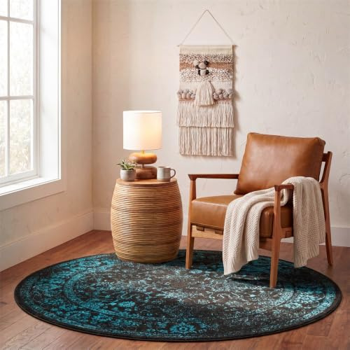 Safavieh Runder Teppich 122 cm Rund - Adirondack Collection - Transitional Design, Schwarz & Petrol, Pflegeleichte Synthetikmischung, Ideal für Wohnzimmer, Schlafzimmer, Büro